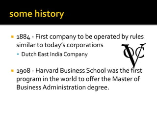  1884 - First company to be operated by rules
similar to today’s corporations
Dutch East India Company
1908 - Harvard Business School was the first
program in the world to offer the Master of
Business Administration degree.