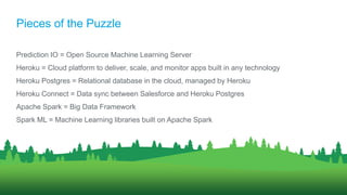 Prediction IO = Open Source Machine Learning Server
Heroku = Cloud platform to deliver, scale, and monitor apps built in any technology
Heroku Postgres = Relational database in the cloud, managed by Heroku
Heroku Connect = Data sync between Salesforce and Heroku Postgres
Apache Spark = Big Data Framework
Spark ML = Machine Learning libraries built on Apache Spark
Pieces of the Puzzle
 
