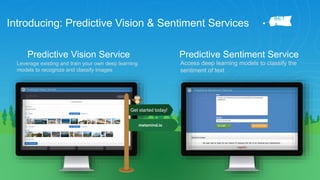 Introducing: Predictive Vision & Sentiment Services `
Leverage existing and train your own deep learning
models to recognize and classify images
Access deep learning models to classify the
sentiment of text
Predictive Vision Service Predictive Sentiment Service
Predictive Sentiment Service
Get started today!
metamind.io
Introducing: Predictive Vision & Sentiment Services
 