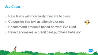 Use Cases
o Rate leads with how likely they are to close
o Categorize this text as offensive or not
o Recommend products based on what I’ve liked
o Detect anomalies in credit card purchase behavior
 