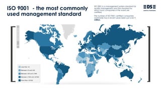 ISO 9001 - the most commonly
used management standard
Insert chart
ISO 9001 is a management system standard for
quality management and the standard by
which most companies in the world are
certified.
The number of ISO 9001 certified companies
worldwide has in recent years been just over 1
million.
 