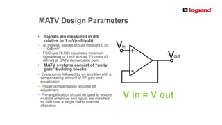 PRODUCT LINE
MATV Design Parameters
• Signals are measured in dB
relative to 1 mV(millivolt)
─ At ingress, signals should measure 0 to
+10dBmV
─ FCC rule 76.605 requires a minimum
signal level of 1 mV across 75 ohms (0
dBmV) at CATV demarcation point
• MATV systems consist of “unity
gain” building blocks
─ Every run is followed by an amplifier with a
compensating amount of RF gain and
equalization
─ Proper compensation requires tilt
adjustment
─ Pre-amplification should be used to ensure
multiple antennae and inputs are matched
to .5dB over a single 6MHz channel
allocation
V in = V out
 