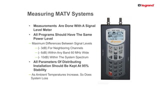 PRODUCT LINE
Measuring MATV Systems
• Measurements Are Done With A Signal
Level Meter
• All Programs Should Have The Same
Power Level
─ Maximum Differences Between Signal Levels
─ (- 3dB) For Neighboring Channels
─ (- 6dB) Within Any Band 60 MHz Wide
─ (- 10dB) Within The System Spectrum
• All Parameters Of Distributing
Installation Should Be Kept At 95%
Stability
─ As Ambient Temperatures Increase, So Does
System Loss
 