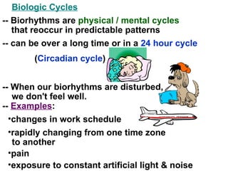 Biologic Cycles -- can be over a long time or in a  24 hour cycle --  Examples : changes in work schedule pain exposure to constant artificial light & noise -- Biorhythms are  physical / mental cycles   that reoccur in predictable patterns ( Circadian cycle ) -- When our biorhythms are disturbed,  we don't feel well. rapidly changing from one time zone to another 