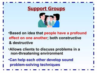 Support Groups Based on idea that  people have a profound effect on one another ; both constructive & destructive Allows clients to discuss problems in a non-threatening environment Can help each other develop sound problem-solving techniques 