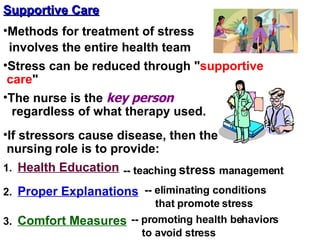 Supportive Care 1.  Health Education 2.  Proper Explanations 3.  Comfort Measures -- teaching  stress  management Methods for treatment of stress involves the entire health team The nurse is the  key person regardless of what therapy used.  If stressors cause disease, then the nursing   role is to provide: -- eliminating conditions that promote stress -- promoting health behaviors to avoid stress Stress can be reduced through " supportive care " 