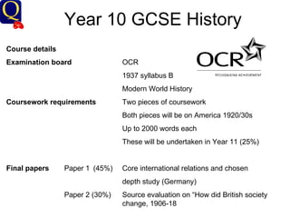 Year 10 GCSE History Course details Examination board   OCR 1937 syllabus B  Modern World History Coursework requirements Two pieces of coursework  Both pieces will be on America 1920/30s Up to 2000 words each These will be undertaken in Year 11 (25%) Final papers Paper 1 (45%) Core international relations and chosen  depth study (Germany) Paper 2 (30%) Source evaluation on “How did British society  change, 1906-18 