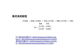 2019/2/17 intro-to-nlp slides
http://127.0.0.1:8000/intro-to-nlp.slides.html?print-pdf#/ 5/89
⾺可夫的研究⾺可夫的研究
P (⺟⾳ → ⺟⾳), P (⺟⾳ → ⼦⾳), P (⼦⾳ → ⺟⾳), P (⼦⾳ → ⼦⾳)
⺟⾳        ⼦⾳
M = [ ]
0.128
0.872
0.337
0.663
Ref.
,
⾺可夫⽣平簡介(1)（A Brief Introduction of Markov’s Life:
Part 1）(http://highscope.ch.ntu.edu.tw/wordpress/?p=51032)
⾺可夫⽣平簡介(2)（A Brief Introduction of Markov’s Life: Part
2）(http://highscope.ch.ntu.edu.tw/wordpress/?p=51034)
 