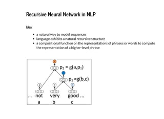 2019/2/17 intro-to-nlp slides
http://127.0.0.1:8000/intro-to-nlp.slides.html?print-pdf#/ 84/89
Recursive Neural Network in NLPRecursive Neural Network in NLP
IdeaIdea
a natural way to model sequences
language exhibits a natural recursive structure
a compositional function on the representations of phrases or words to compute
the representation of a higher-level phrase
 