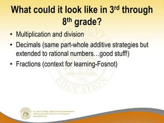What could it look like in 3rd through
8th grade?
• Multiplication and division
• Decimals (same part-whole additive strategies but
extended to rational numbers…good stuff!)
• Fractions (context for learning-Fosnot)
 