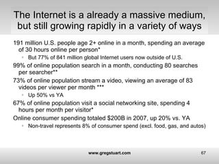 The Internet is a already a massive medium, but still growing rapidly in a variety of ways <ul><li>191 million U.S. people...