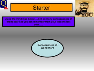 Starter Using the mind map below…..link as many  consequences  of World War I as you can remember from your lessons last year….. Consequences of World War I 