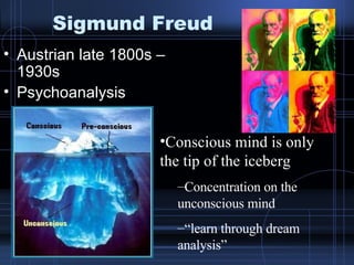 Sigmund Freud Austrian late 1800s – 1930s Psychoanalysis Conscious mind is only the tip of the iceberg Concentration on the unconscious mind “ learn through dream analysis” 