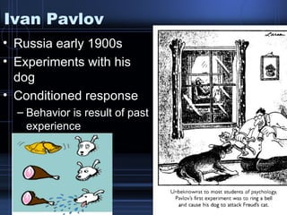 Ivan Pavlov Russia early 1900s Experiments with his dog Conditioned response Behavior is result of past experience                         