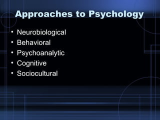 Approaches to Psychology Neurobiological Behavioral Psychoanalytic Cognitive Sociocultural 