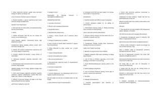 2. Major depressive disorder: people show persistent
feelings of sadness and despair and
a loss of interest in previous sources of pleasure
2. Bi-polar Disorders: a person experiences both manic
(extreme energy) and depressive
episodes (manic depression)
1. Each cycle has one manic phase, one depressive phase,
and one normal phase
2. Mania:
1. Inflated self-esteem (feel like you can conquer the
world), unusual talkativeness,
racing thoughts, agitation, unrestrained actions, high
potential for painful
consequences (going shopping without money, don't
think plans through, etc)
3. Severity: the number of dysfunctions experiences and
the relative degree of impairment
4. Duration: whether the disorder is acute, chronic, or
intermittent
5. Depressive symptoms (separate depression from
sadness):
1. Sad depressed mood, decreased internet in pleasurable
activities, sleep changes,
appetite changes, loss of energy, cognitive changes (loss
of concentration)
2. Cycle: mood changes, vegetative symptoms, cognitive
symptoms, negative selfevaluation, suicide ideas (lasts
longer than 2 weeks to make diagnosis)
3. Difficult to overcome feelings and begin to do things
(keep putting off exercise, meeting
with friends, looking for a job, etc)
4. Biological Factors
Downloaded by Namuag, Kimverly F.
(namuagkimverly@gmail.com)
lOMoARcPSD|24671924
1. Low levels of serotonin
2. Women: post menopausal depression
6. Suicide Risk Factors:
1. Mood disorders (depression)
2. Having a mental disorder and a substance abuse
disorder
3. Feelings of hopelessness or isolation
4. Lack of access to mental health treatment or support
from friends/family
5. Being influenced by other suicides (ex. a family
member)
7. Causes of Mood Disorders
1. Genetic Vulnerability (twin studies)
1. Also environmental factors
2. Neuralchemicals (abnormal levels of norepinephrine
and serotonin)
3. Hormonal change factors
4. Cognitive factors
1. Learned helplessness: not attempting to get out of a
negative situation because your
past has taught you that you are helpless (don’t try new
things)
5. Stress (linked to onset of mood disorders)
6. Inadequate social skills and social support can increase
vulnerability to mood disorders
Schizophrenia
1. Psychotic disorder with different types of symptoms
2. Positive Symptoms (added on; ex adding on
hallucinations)
1. Hallucinations (hearing, seeing, or feeling something
that is not there in reality (hearing
voices is the most common hallucination)
2. Delusions (strong irrational and false beliefs due to an
irritability to separate real from
unreal experiences)
3. Disorganized Thinking (making loose associations,
drawing conclusions not based on
reality, lack of logical reasoning)
4. Agitation (increased tension and irritability)
3. Negative Symptoms (take away something; ex taking
away emotion)
1. Lack of Drive or Initiation (spending a lot of time
sleeping, no motivation to do anything)
2. Social Withdrawal/Depression (person prefers to be
alone)
3. Apathy (feelings of emptiness)
4. Lack of Emotional Response (lacking normal signs of
emotion, reduced face expression)
1. Flat effect
4. Subtypes of Schizophrenia
1. Paranoid (preoccupation with delusions or
hallucination)
1. Person feels extremely suspicious, persecuted, or
grandiose, or experiences a
combination of these emotions. People with this are
preoccupied with at least one
delusion and they often have auditory hallucinations that
go along with their
delusions.
2. They typically do not have problems with disorganized
speech, behavior, or emotions
(live fairly normal lives with managing hallucinations)
2. Disorganized (disorganized speech or behavior, flat
effect or inappropriate emotion)
(particularly severe deterioration of adaptive behavior)
1. Person is often incoherent in speech and thought, by
may not have delusions. They
have a broader range of disorganized symptoms
(disorganized behavior, speech,
and flat or inappropriate emotions) than those with
catatonic schizophrenia, which is
dominated by disturbed behaviors and motor movements
(impairment in daily lives,
not being able to take care of themselves or
communicate effectively)
2. People with this also lack the unifying theme of
paranoid schizophrenia, so any
delusions or hallucinations that they have tend to be
fragmented and have little
meaning
3. Catatonic (immobility or excessive/purposeless
movement, extreme negativism,
 