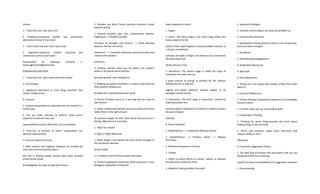 chosen
1. “I want this but I also want this”
4. Avoidance-Avoidance conflict: two unattractive
alternatives (lesser of two evils)
1. “I don’t want this and I don't want that”
5. Approach-Avoidance conflict: attractive and
unattractive parts to both sides
Downloaded by Namuag, Kimverly F.
(namuagkimverly@gmail.com)
lOMoARcPSD|24671924
1. “I want this but I don't want what this entails”
3. Life Changes
1. Significant alterations in ones living situations that
require readjustment
4. Pressure
1. Involves expectations or demands that one behave in a
certain way
2. You are under pressure to preform when you’re
expected to execute tasks and
responsibilities quickly, efficiently, and successfully
3. Pressures to conform to other’s expectations (ex.
parental expectations)
7. How we respond to stress:
1. Both positive and negative emotions are emitted by
stress but positive emotions play a
key role in helping people bounce back amor stressful
events (build social,
knowledgable, etc ways to deal with stress)
2. Broaden and Build Theory (positive emotions create
upward spirals)
1. Positive emotions (joy, love, contentment, interest,
happiness)—> Broaden (expand
inventory of thoughts and actions) —> Build (develop
physical, mental, and social
resources) —> Transform (Advances personal growth and
creates more positive
emotions)
2. Positive self-talk helps you do better and preform
better in life (build social relations,
personal growth, and intelligence)
3. Building up positive emotions in a person with build up
their positive feelings and
broaden their outlooks/help them grow
3. Painful emotions serve as a warning that we need to
take actions
4. Subtle relationship between pressure and performance
(when there is the right amount
of pressure people do their best work) (low pressure is
boring, high pressure is anxiety)
1. “Best-You model”
5. Fight or Flight Response:
1. When danger is perceived, the brain sends messages to
the Autonomic Nervous
System (ANS)
2. It releases chemicals that prepare the body
6. General Adaptation Syndrome (GAS) (presents a clear
biological explanation of how the
body responds to stress)
1. Stages:
1. Alarm: The alarm stage is the initial stage where the
body prepares for the
attack; either psychological or physical (labels stressor as
a threat; immediately
activates the fight or flight and releases stress hormones
like adrenaline and
blood pressure rises)
2. Resistance: The second stage is called the stage of
resistance; the body uses up
a great amount of energy to prepare for the stressor
(blood pressure is reduced
slightly and body’s defenses become weaker to fix
damages muscle tissues)
3. Exhaustion: The third stage is exhaustion; marked by
body exhaustion and
health problems (body loses its ability to combat stressors
because energy is
drained)
8. Stress Pathways
1. Hypothalamus —> Autonomic Nervous System
2. Hypothalamus —> Pituitary Gland —> Release
Hormones
9. Behavioral Responses to Stress
1. Coping:
1. Refers to active efforts to master, reduce, or tolerate
the demands created by stress
2. Adaptive Coping (problem focused)
1. Approach strategies
2. Situation control (figure out what the problem is)
3. Positive self-statements
3. Maladaptive Coping (relieve stressors only temporarily,
and come back stronger)
1. Avoidance
2. Withdrawal/Disengagement
3. Resignation (giving up)
4. Agression
4. Goal Adjustment
1. Giving up is not always bad; people cutting their loses
early on
2. Learned Helplessness
1. Passive behavior produced by exposure to unavoidable
aversive events
2. Cut their loses, give up, and readjust goals
5. Catastrophic Thinking
1. Thinking the worst thing possible will come about
(taking things to the extreme)
2. Worst case scenario; spikes stress hormones and
reduces ability to react
effectively
2. Frustration-Aggression Theory
1. The idea that frustration (the perception that you are
being prevented from attaining
a goal) increases the probability of an aggressive response
2. Goal proximity
 