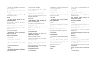 1. Parents give child everything they need and therefore
give a child a sense of who
they are and who they can trust (either leads to secure
styles or insecure styles of
attachment)
2. Could deliver knowledge of development of chid
attachments through parenting
books, etc
3. The maternal deprivation hypothesis holds that a
broken attachment, or lack of
attachment, leads to problems for the child with
relationships in adulthood
1. Broken attachment leads to delinquency and
affectionless psychopathy
2. Attachment provides a safe haven for when the child is
afraid and a secure base
from which to explore the world
3. The attachment with our primary care giver early on
decides the attachments and
strengths of our adult relationships
9. Attachment Styles:
1. Secure (low avoidance and low anxiety)
1. Explore room when mother was around
2. Unhappy when mother leaves, happy when she comes
back
3. Confidant relationships when older
2. Avoidant
1. Does not want mother when she comes back, is
distracted by the environment
2. Avoid closeness with any caregiver
3. Prefers life alone and does not open up emotionally
when older (dismissive)
1. Less intimate, short term relationships as adults
3. Ambivalent (low avoidance and high anxiety)
1. Very upset when mother leaves, does not interact with
environment a lot (even when
mother is there)
2. Always afraid to be rejected and obsessive with
closeness when older (preoccupied)
1. Given up on adult relationships, expect rejection
4. Disorganized-Disoriented
1. Confused on whether they should approach or avoid
their mothers (not sure which to do)
2. Creates insecurity
10. Internal Working Model
1. A child's early attachments with parents or other
caregivers equid the infant with a
blueprint for forming new relationships
2. Becomes a reference center when encountering new
experiences (return to past
relationship patterns/attachment)
3. If parents are dismissive or are over protective (don’t
allow children to create their own
needs) this can compromise the positive working model
and secure attachment and lead
them to not develop these things
11. Norman development
1. If we know normal development, than we can identify
alarm symptoms so we know what
is different than typical
12. Protoconversation (how the child learns to talk to the
mother without words)
1. Infant-mother function: emotions expressed and
actively perceived by mother)
13. Brain growth
1. Brain gets heavier because many cels connect after
birth and this points at early
intervention
14. Alarm Symptoms (defined by repetition that becomes
constant)
1. Autistic Behavior
1. To avoid group activities and isolate themselves
2. Preoccupied and fixated on objects (usually circular)
3. Sleeping difficulties
4. Avoid physical contact
5. Do not respond to their name or words, or respond to
activities
15. Erik Ericson: Stages of Psychosocial Development
(personality develops over entire
lifespan) (each stage involves a conflict between two
opposites, and the challenge is to find
a good balance between the two)
1. Early Childhood
1. Infancy
1. Trust vs Mistrust, infant develops sense of basic trust
and dependency
2. Toddlerhood
1. Autonomy vs shame and doubt; toddler learns to
exercise their will and do things
for themselves or they doubt their abilities (realize they
are different than others,
muscle coordination strengthens, if they are too
controlled they lack self esteem
and feel they are not adequate)
3. Preschool
1. Initiative vs guilt; preschoolers learn to initiate tasks
and carry out plans or they
feel guilty about their efforts to be independent (child
learns to move around, ask
questions and are curious, imagination expands) (child’s
personality forms
around imagination) (independence of activity helps child
form ideas of
responsibility)
4. Elementary School
1. Competence vs inferiority; observing how things are
done and learning (planning,
working, sharing with others) (school becomes important
part, if encouraged by
parents and teachers they feel confidant) (danger is the
potential to feel the
prejudices put on them by society; race, social standing,
etc)
2. Middle and High School
 