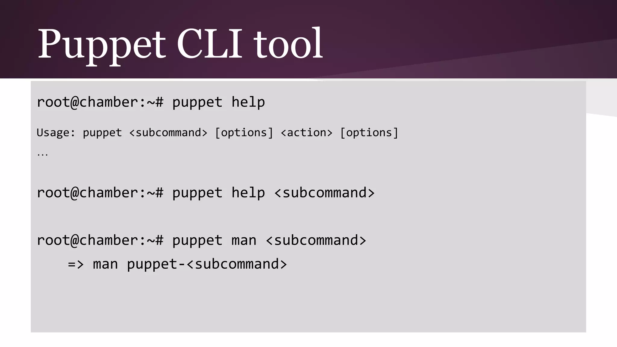 Puppet CLI tool
root@chamber:~# puppet help
Usage: puppet <subcommand> [options] <action> [options]
…
root@chamber:~# puppet help <subcommand>
root@chamber:~# puppet man <subcommand>
=> man puppet-<subcommand>
 