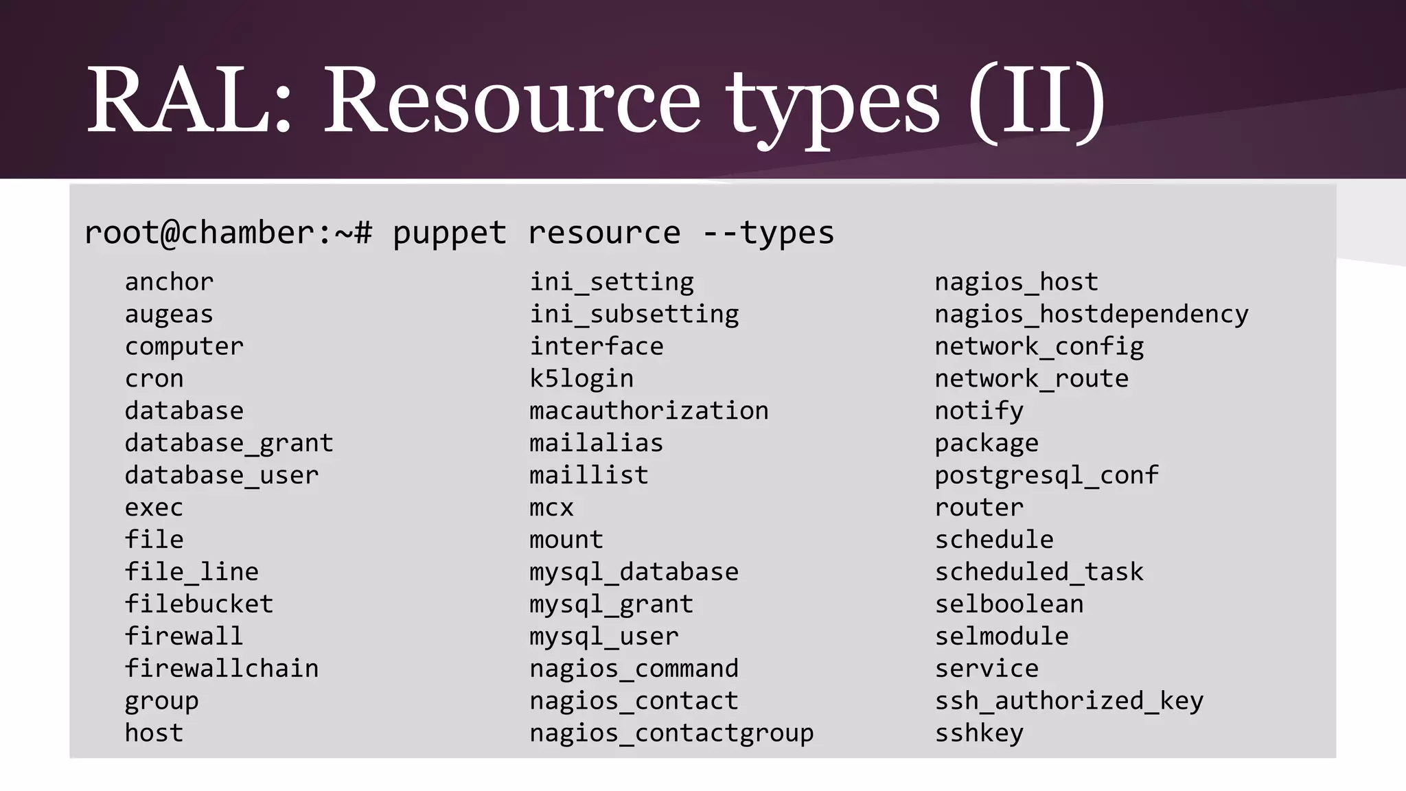 root@chamber:~# puppet resource --types
anchor
augeas
computer
cron
database
database_grant
database_user
exec
file
file_line
filebucket
firewall
firewallchain
group
host
ini_setting
ini_subsetting
interface
k5login
macauthorization
mailalias
maillist
mcx
mount
mysql_database
mysql_grant
mysql_user
nagios_command
nagios_contact
nagios_contactgroup
nagios_host
nagios_hostdependency
network_config
network_route
notify
package
postgresql_conf
router
schedule
scheduled_task
selboolean
selmodule
service
ssh_authorized_key
sshkey
RAL: Resource types (II)
 
