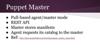 Puppet Master
● Pull-based agent/master mode
● REST API
● Master stores manifests
● Agent requests its catalog to the master
● Ref: http://docs.puppetlabs.com/learning/agent_master_basic.html
 