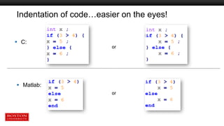 Indentation of code…easier on the eyes!
 C:
or
 Matlab:
or
 