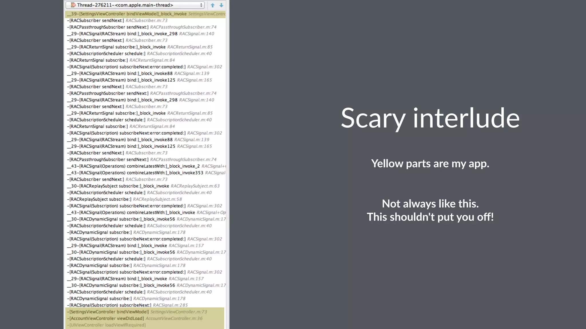 Scary&interlude 
Yellow&parts&are&my&app. 
Not$always$like$this. 
This$shouldn't$put$you$off! 
 