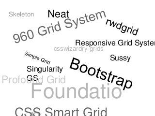 Skeleton Neat
csswizardry-grids
Foundatio
Singularity
GS
Sussy
Profound Grid
Responsive Grid System
 