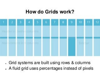 How do Grids work?
● Grid systems are built using rows & columns
● A fluid grid uses percentages instead of pixels
 
