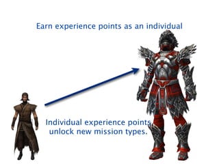 Earn experience points as an individual
Individual experience points
unlock new mission types.