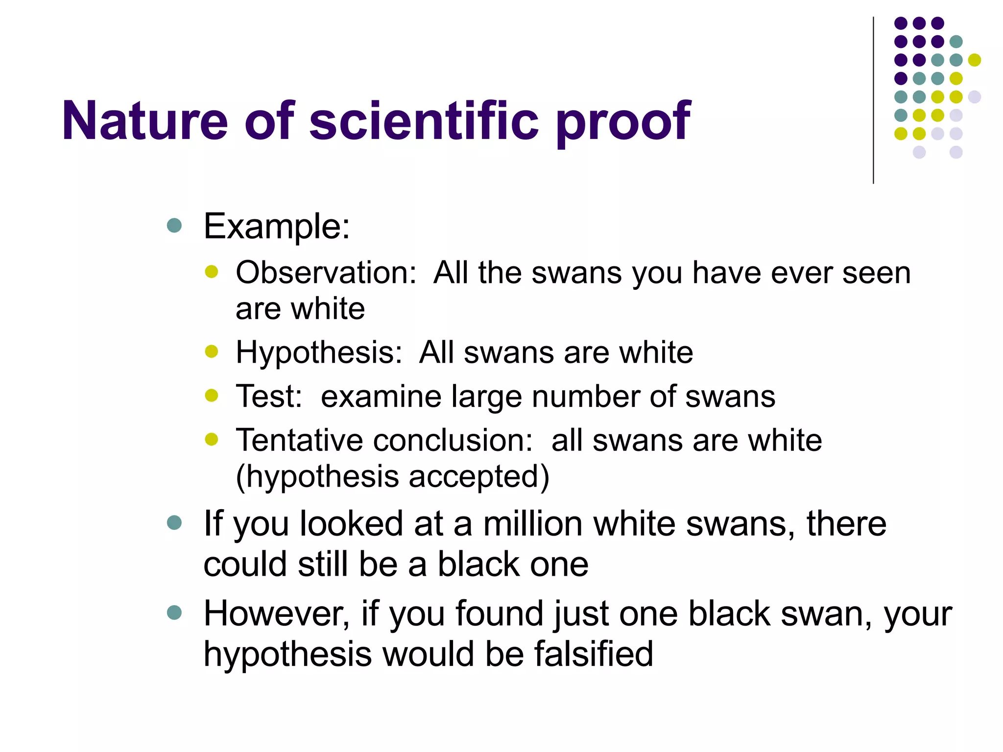Nature of scientific proof Example: Observation:  All the swans you have ever seen are white Hypothesis:  All swans are white Test:  examine large number of swans Tentative conclusion:  all swans are white (hypothesis accepted) If you looked at a million white swans, there could still be a black one However, if you found just one black swan, your hypothesis would be falsified 