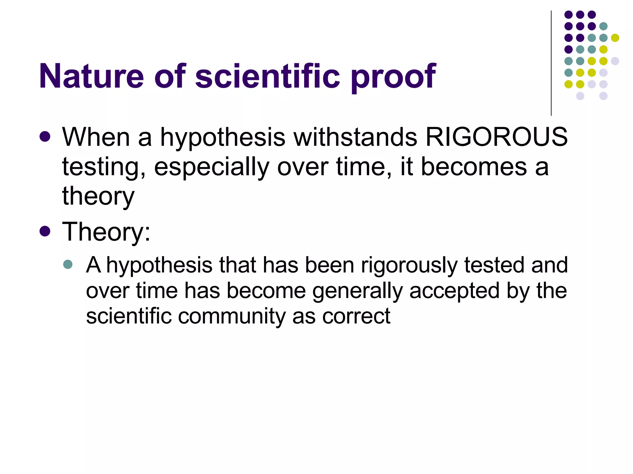 Nature of scientific proof When a hypothesis withstands RIGOROUS testing, especially over time, it becomes a theory Theory: A hypothesis that has been rigorously tested and over time has become generally accepted by the scientific community as correct 
