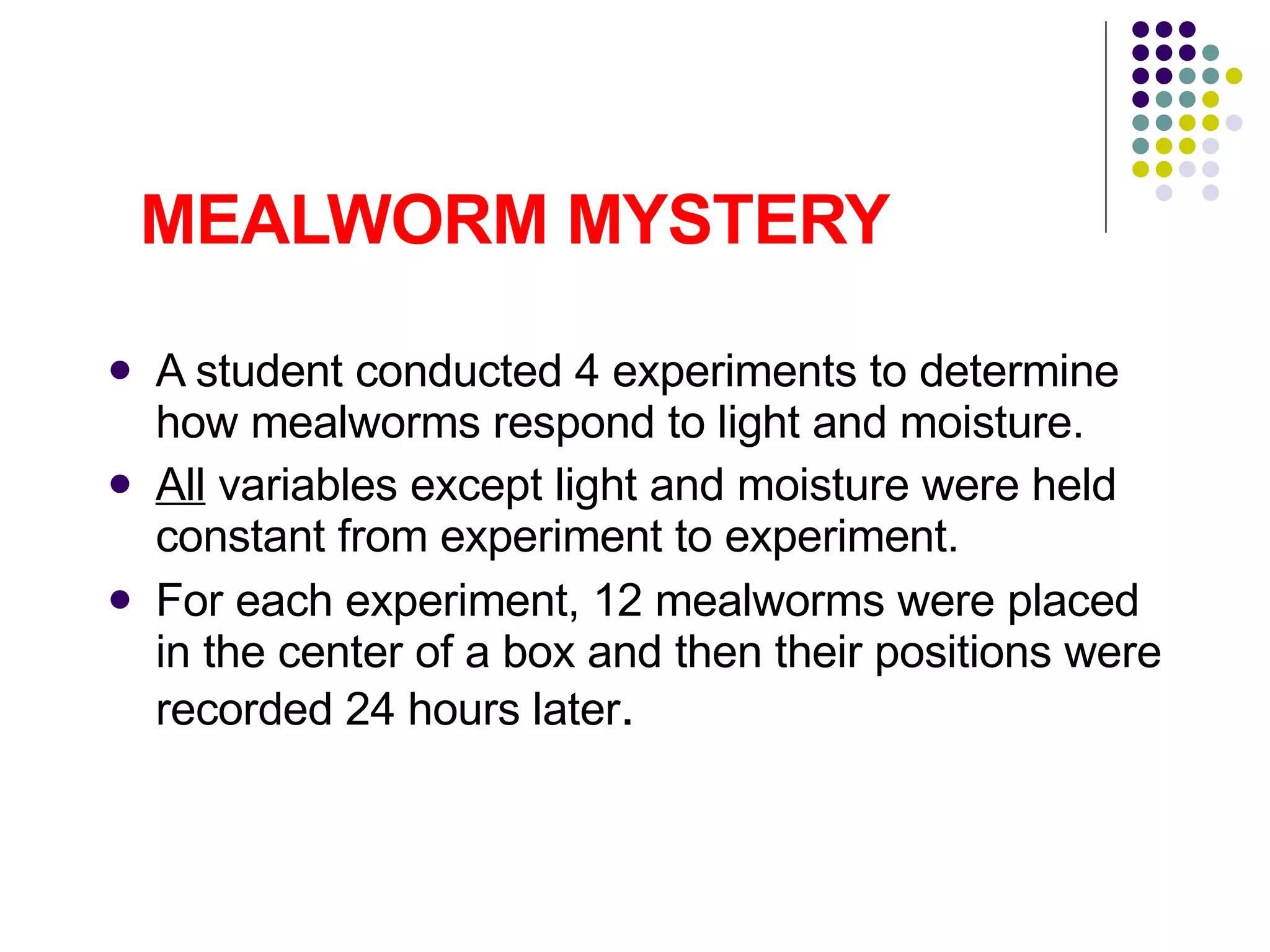 MEALWORM MYSTERY A student conducted 4 experiments to determine how mealworms respond to light and moisture. All  variables except light and moisture were held constant from experiment to experiment. For each experiment, 12 mealworms were placed in the center of a box and then their positions were recorded 24 hours later . 