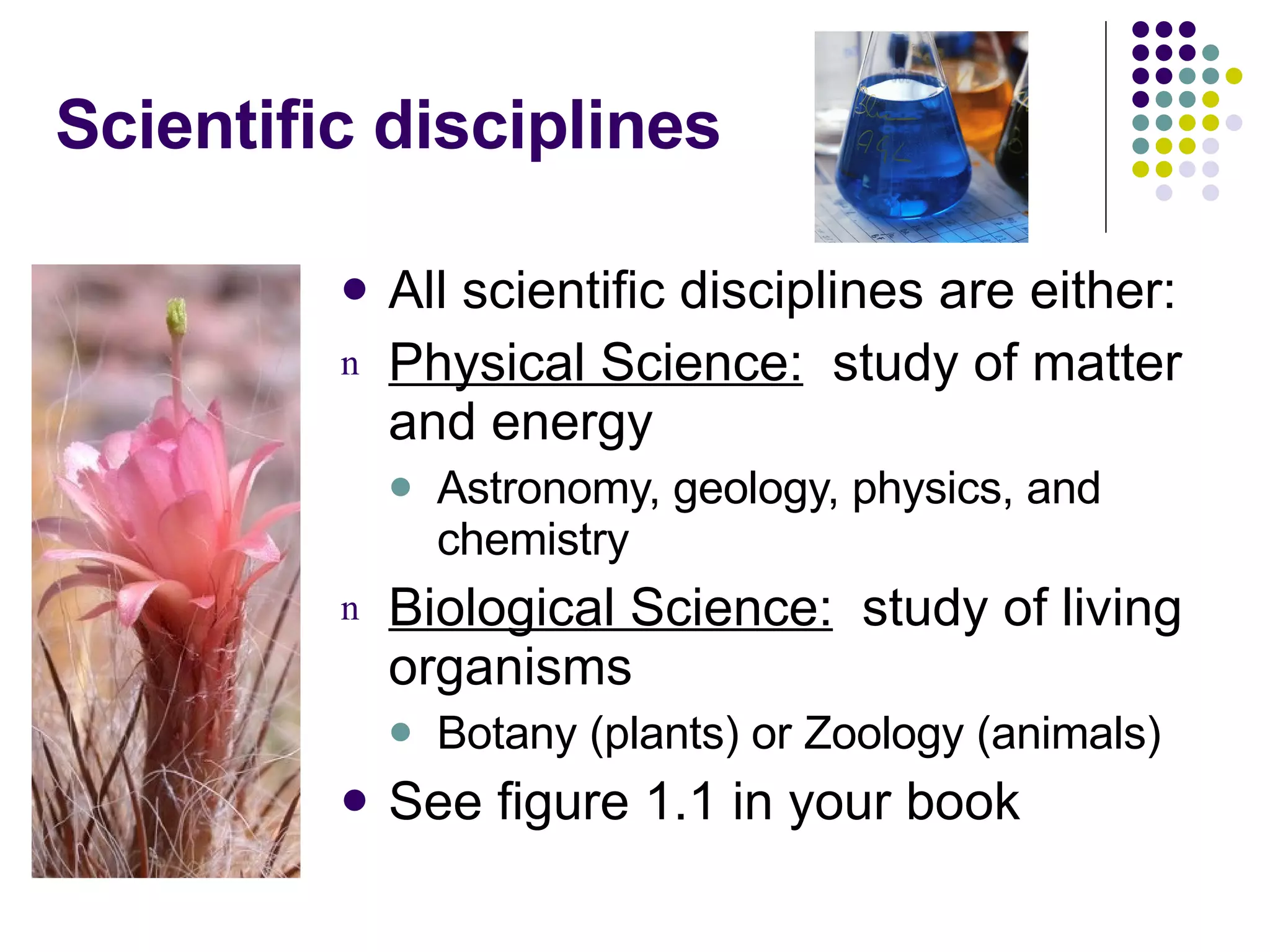 Scientific disciplines All scientific disciplines are either: Physical Science:   study of matter and energy Astronomy, geology, physics, and chemistry Biological Science:   study of living organisms Botany (plants) or Zoology (animals) See figure 1.1 in your book 