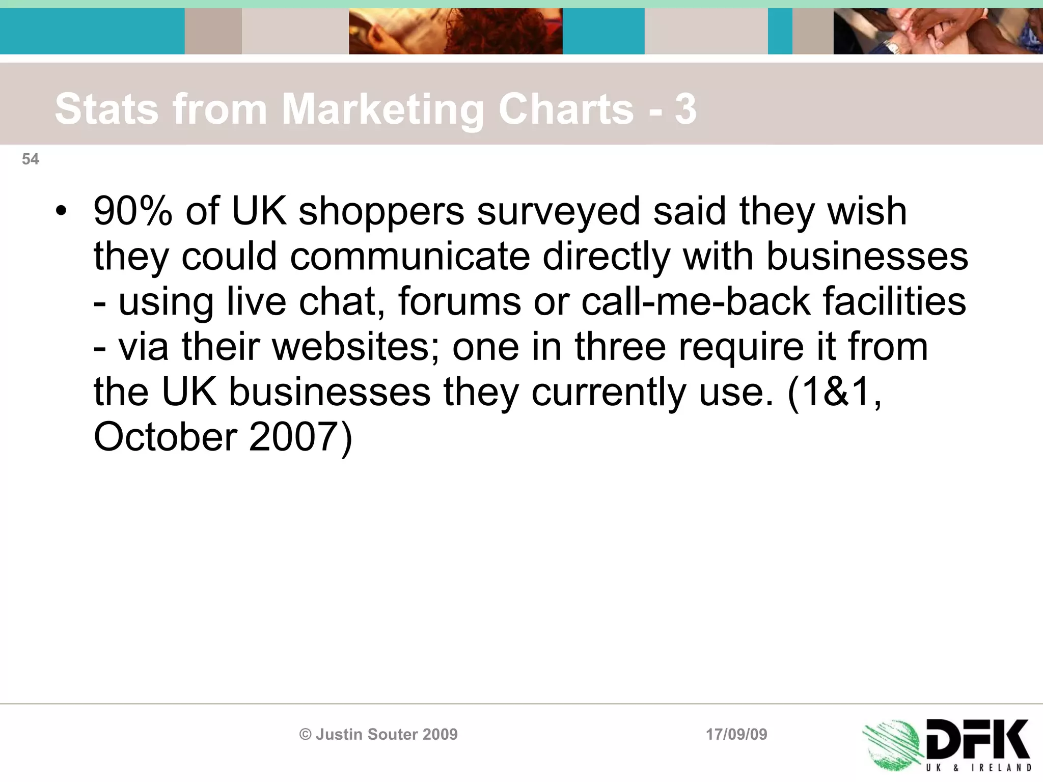 Stats from Marketing Charts - 3 90% of UK shoppers surveyed said they wish they could communicate directly with businesses - using live chat, forums or call-me-back facilities - via their websites; one in three require it from the UK businesses they currently use. (1&1, October 2007) 17/09/09 © Justin Souter 2009 