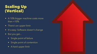 Scaling Up
(Vertical)
• A 10% bigger machine costs more
than +10%
• There's an upper limit
• It's easy: Software doesn't change
• But you get...
• Single point of failure
• Single point of contention
• A hard upper limit
 