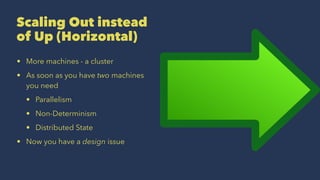 Scaling Out instead
of Up (Horizontal)
• More machines - a cluster
• As soon as you have two machines
you need
• Parallelism
• Non-Determinism
• Distributed State
• Now you have a design issue
 