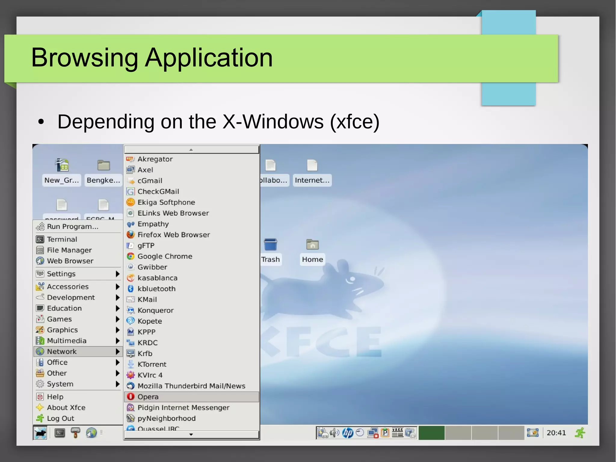 Browsing Application
●

Depending on the X-Windows (xfce)

28

 