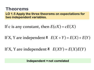 Theorems LO 1.5 Apply the three theorems on expectations for two independent variables. Independent = not correlated 