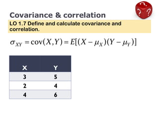 Covariance & correlation LO 1.7 Define and calculate covariance and correlation. X Y 3 5 2 4 4 6 