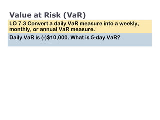 Value at Risk (VaR) LO 7.3 Convert a daily VaR measure into a weekly, monthly, or annual VaR measure. Daily VaR is (-)$10,000. What is 5-day VaR? 