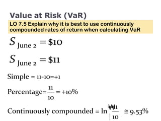 Value at Risk (VaR) LO 7.5 Explain why it is best to use continuously compounded rates of return when calculating VaR 