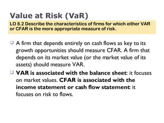 Value at Risk (VaR) A firm that depends entirely on cash flows as key to its growth opportunities should measure CFAR. A firm that depends on its market value (or the market value of its assets) should measure VAR.  VAR is associated with the balance sheet : it focuses on market values.  CFAR is associated with the income statement or cash flow statement : it focuses on risk to flows. LO 8.2 Describe the characteristics of firms for which either VAR or CFAR is the more appropriate measure of risk. 