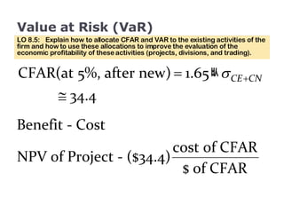 Value at Risk (VaR) LO 8.5:  Explain how to allocate CFAR and VAR to the existing activities of the firm and how to use these allocations to improve the evaluation of the economic profitability of these activities (projects, divisions, and trading). 