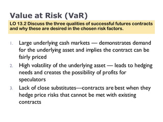 Value at Risk (VaR) Large underlying cash markets — demonstrates demand for the underlying asset and implies the contract can be fairly priced High volatility of the underlying asset — leads to hedging needs and creates the possibility of profits for speculators Lack of close substitutes—contracts are best when they hedge price risks that cannot be met with existing contracts LO 13.2 Discuss the three qualities of successful futures contracts and why these are desired in the chosen risk factors. 