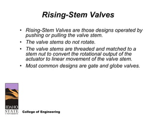 College of Engineering
Rising-Stem Valves
• Rising-Stem Valves are those designs operated by
pushing or pulling the valve stem.
• The valve stems do not rotate.
• The valve stems are threaded and matched to a
stem nut to convert the rotational output of the
actuator to linear movement of the valve stem.
• Most common designs are gate and globe valves.
 