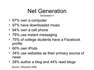 Net Generation Generation Y 97% own a computer 97% have downloaded music 94% own a cell phone 76% use instant messaging 75% of college students have a Facebook profile 60% own iPods 34% use websites as their primary source of news 28% author a blog and 44% read blogs Source: Wikipedia 2008 