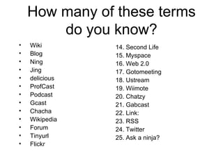 How many of these terms do you know? Wiki Blog Ning Jing delicious ProfCast Podcast Gcast Chacha Wikipedia Forum Tinyurl Flickr 14. Second Life 15. Myspace 16. Web 2.0 17. Gotomeeting 18. Ustream 19. Wiimote 20. Chatzy 21. Gabcast 22. Link: 23. RSS 24. Twitter 25. Ask a ninja? 