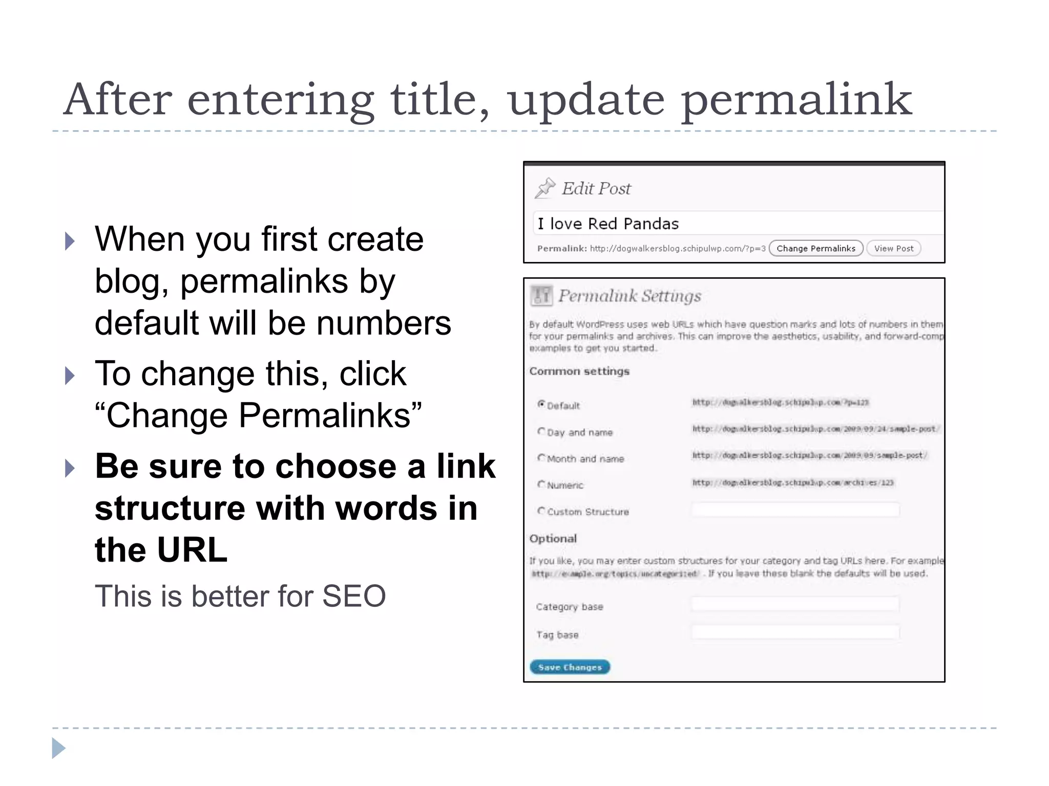 Inserting an Image Choose  file Title Alt text – for search engines Use words (defaults to image title) Caption Optional Styling depends on theme Description Optional Shows in media library Link URL If applicable You can add this later Size You have control over in settings Keep in mind the width of your theme 