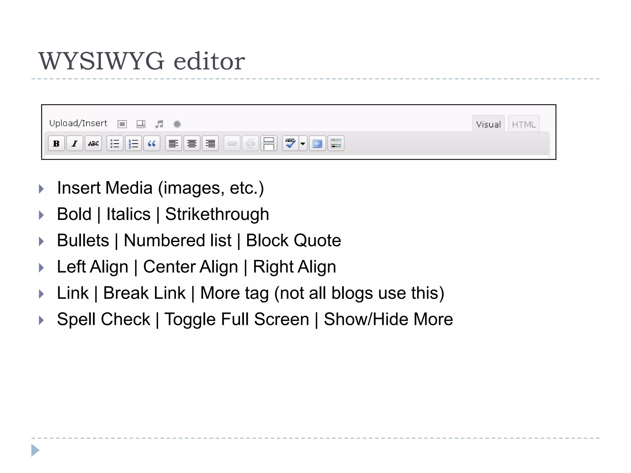 Editing Image Settings To edit an image,  after you have inserted it into your post click on the image and  choose  the left button (the mountains) Choose “Advanced Settings” to edit size, border,  spacing, etc. 